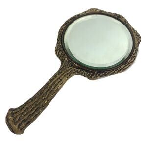 Vtg Hand Mirror Faux Stag Deer Horn Antler Mens Vanity Cabin Rustic Primitive